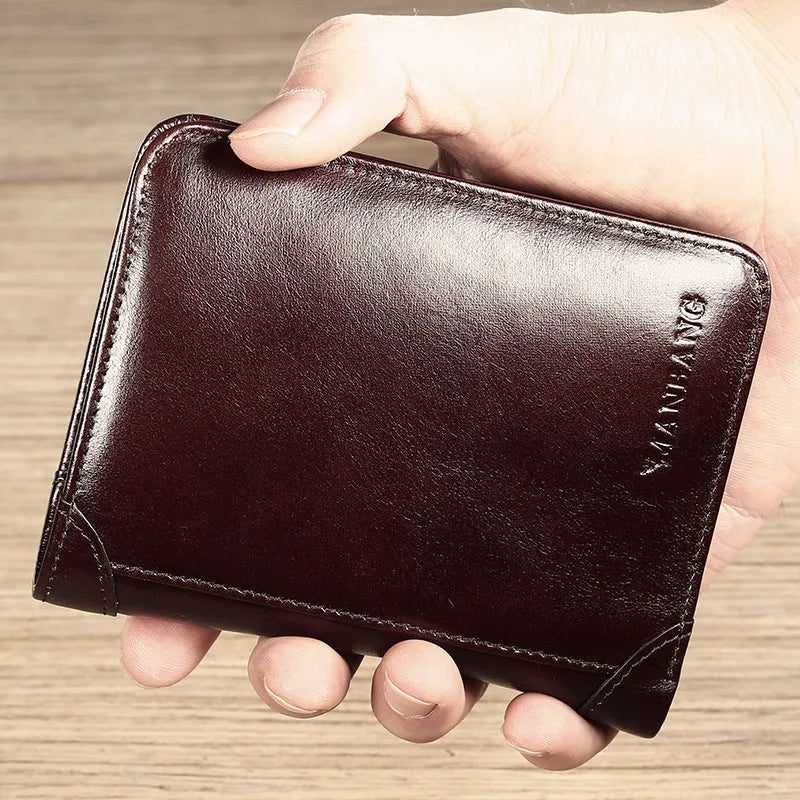 Men's leather wallet showing internal card slots, banknote folder, coin pocket, and document positions