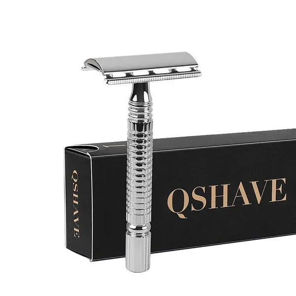 Traditional double-edged safety razor with stainless steel head, Japanese and American blades in storage box
