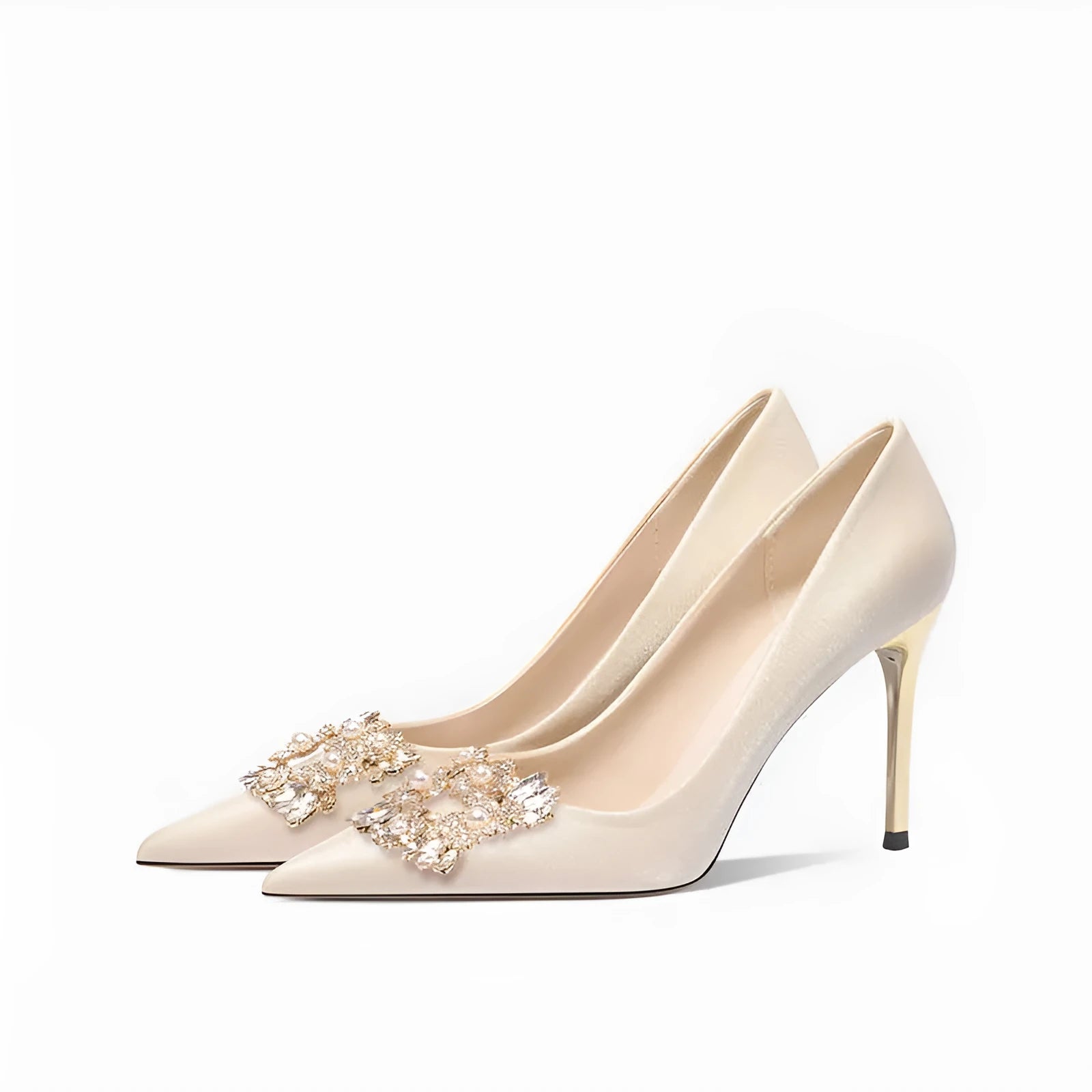 Rhinestone decorated women's high heel pumps in pointed toe style with cat heel or stiletto options.