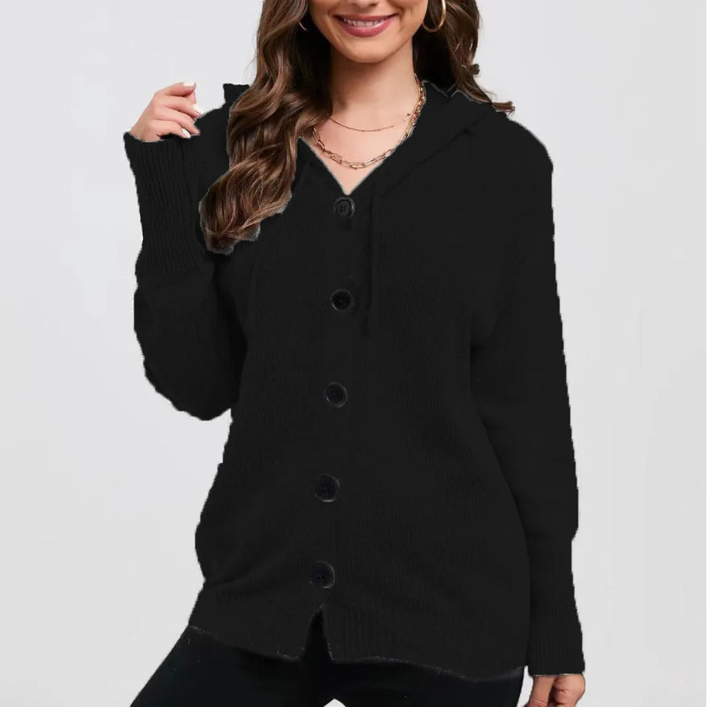 Women's solid colour hooded cardigan sweater in thick cotton fabric with loose fit