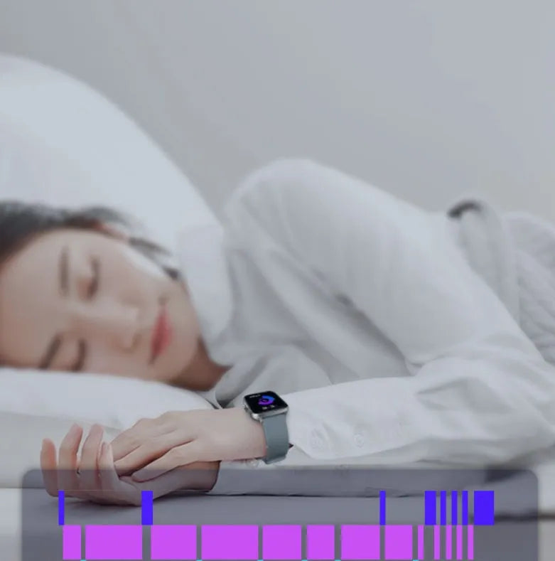 Blue smart watch with 1.7-inch touch screen on adjustable strap, showing heart rate monitoring interface.