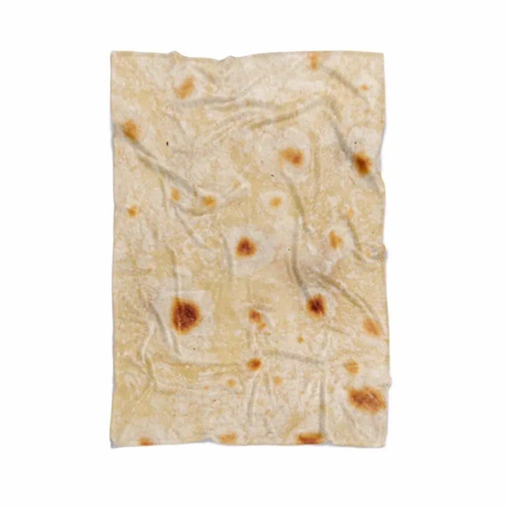 Round shape flannel burrito blanket with food-themed printing showing coral fleece texture