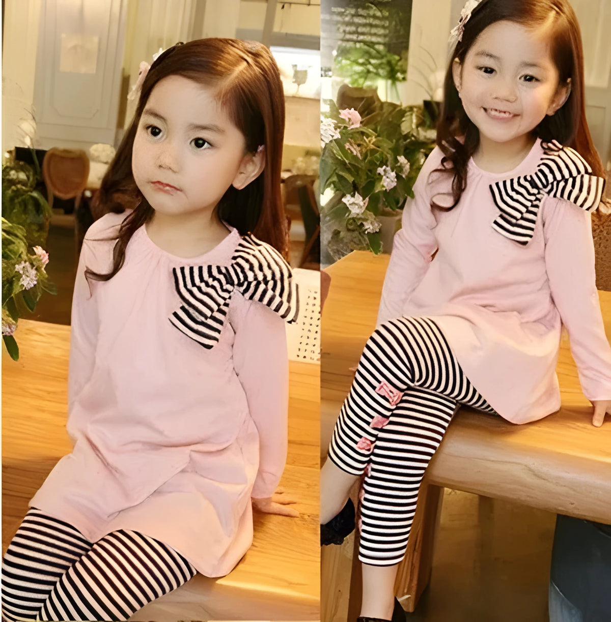 Pink cotton two-piece clothing set for a young girl, showing top and bottom.
