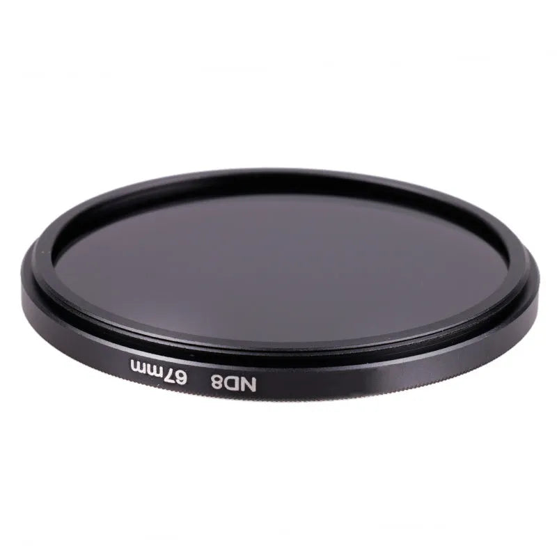 ND8 camera filter with aviation aluminum frame showing thread sizes from 49mm to 82mm