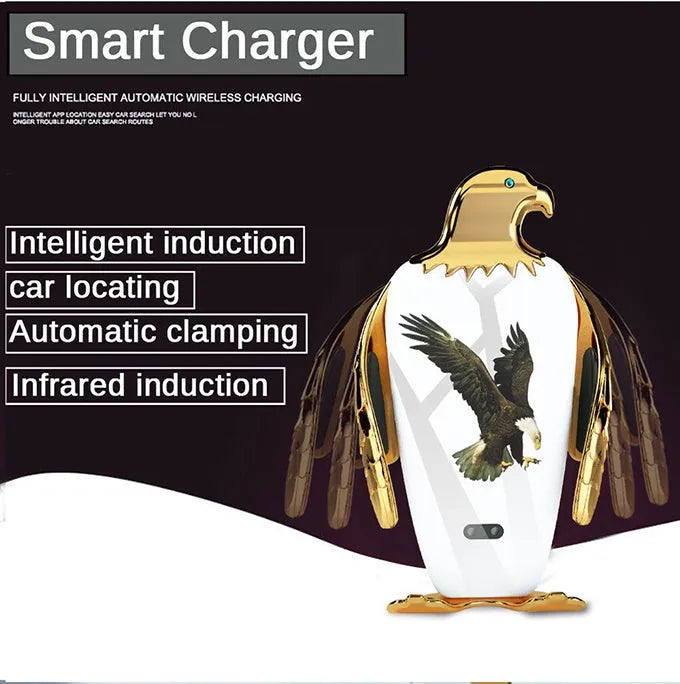 Car phone holder with wireless charging pad and Eagle design on a car dashboard.