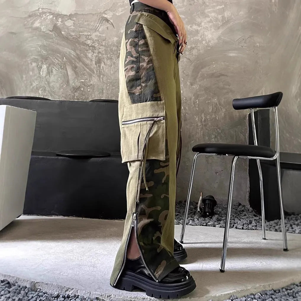 Women's high waist straight leg jeans with leopard print detail on dark khaki denim