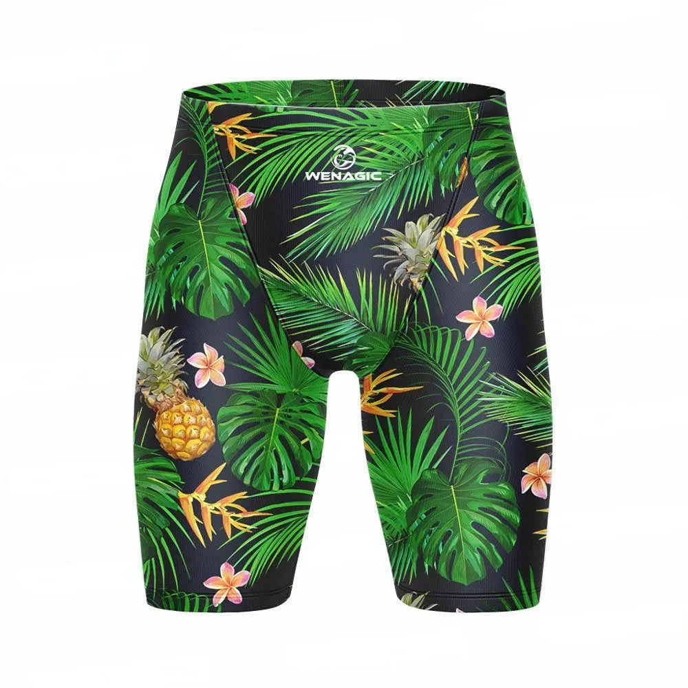 Adult swimming briefs in Lycra blend fabric on a size chart showing XS to 5XL.