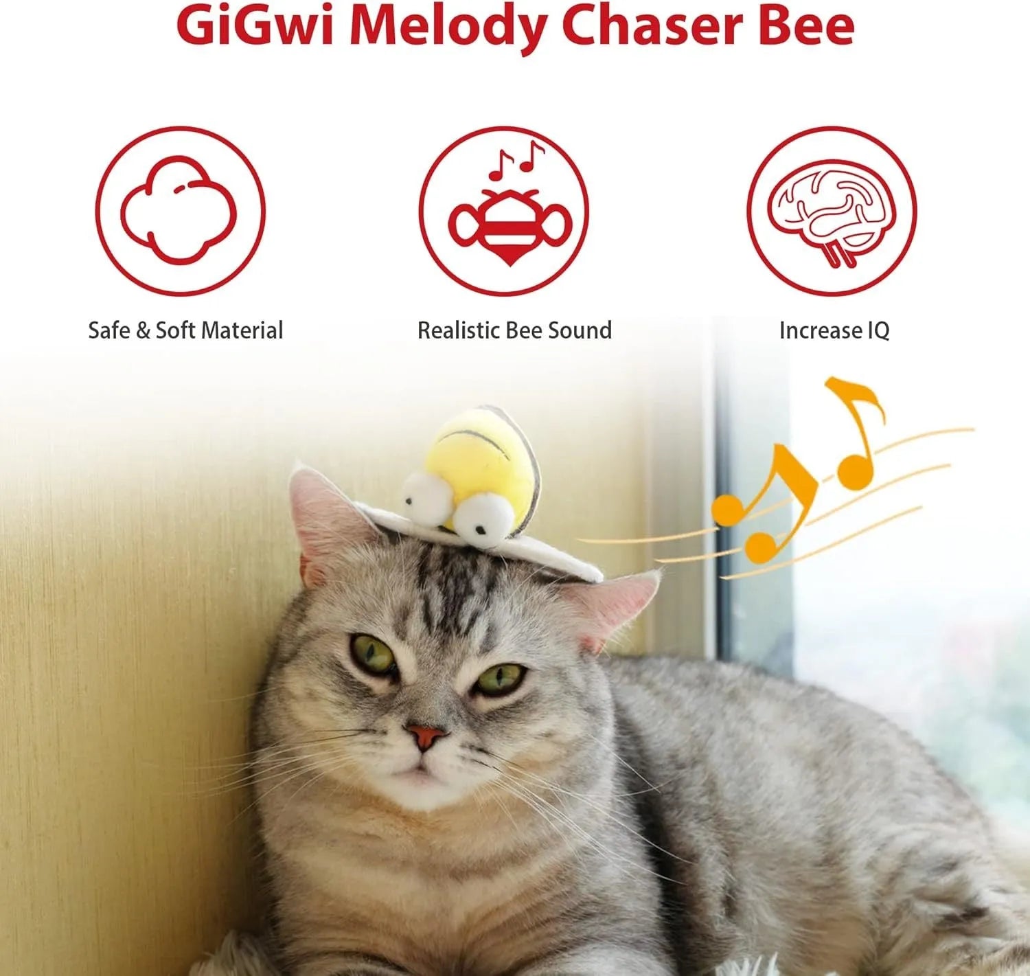 Yellow bee-shaped electronic cat toy with motion-activated chirping sound function