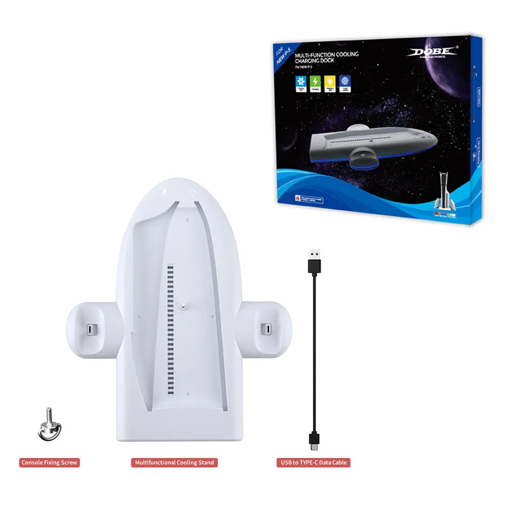 White PS5 Slim charging station with cooler fan and RGB ambient lighting on charging dock