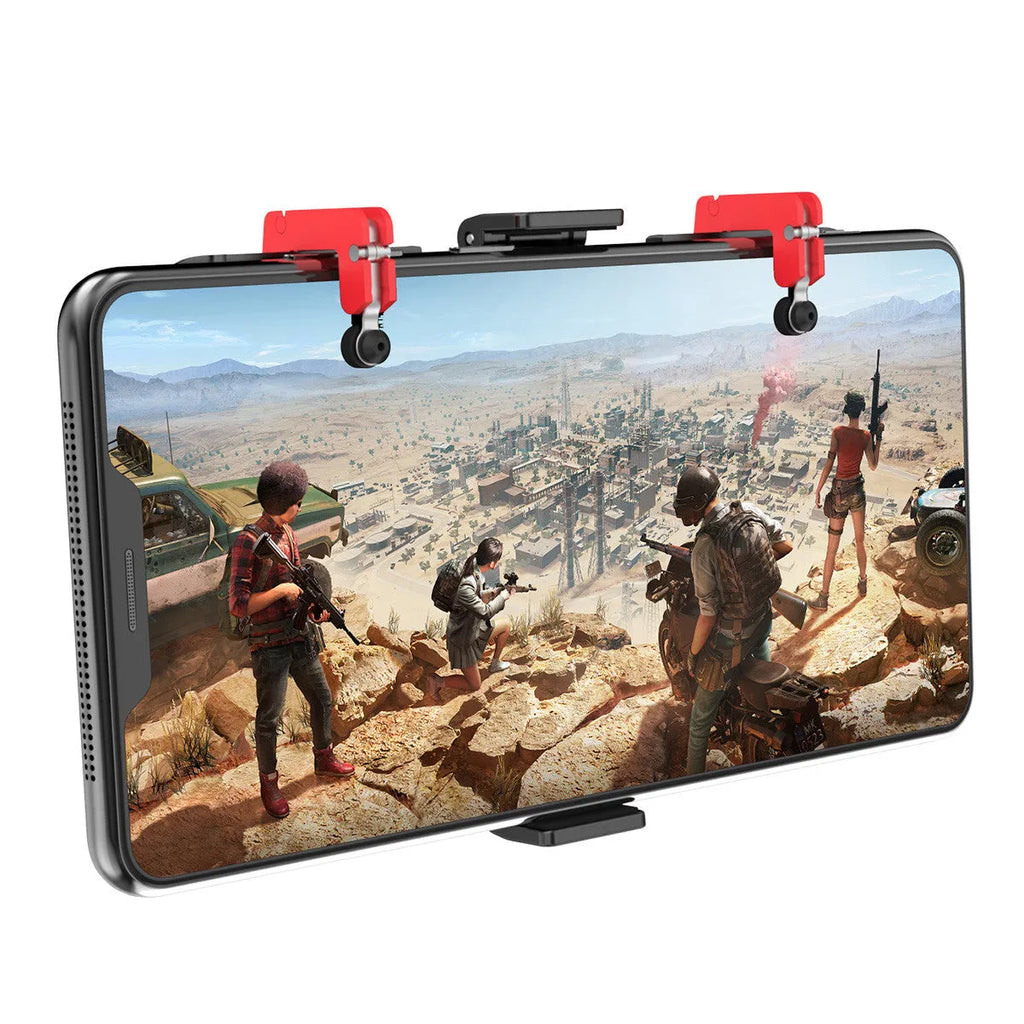 Black PG-9137 mobile phone gaming trigger bracket with adjustable metal trigger and telescopic clamping arm.