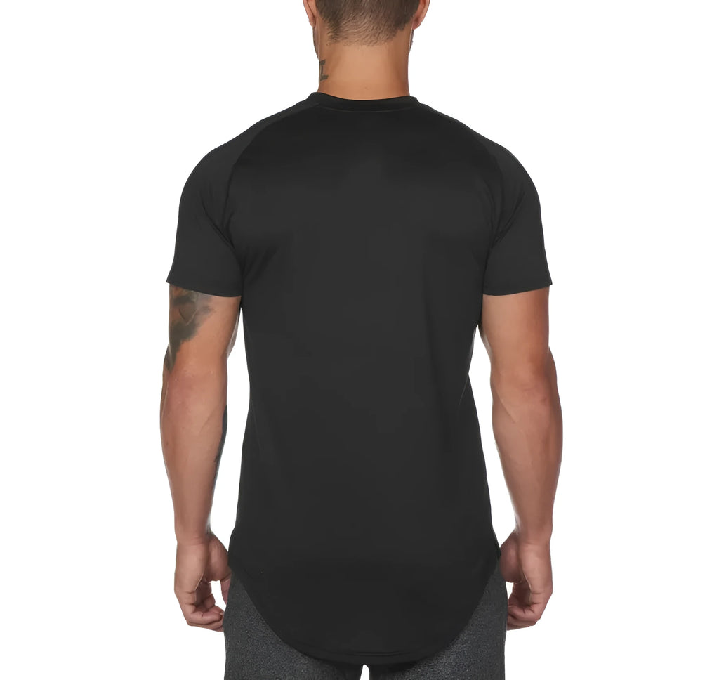 Men's army green gym shirt with custom letter print on chest, made from cotton and spandex blend fabric.
