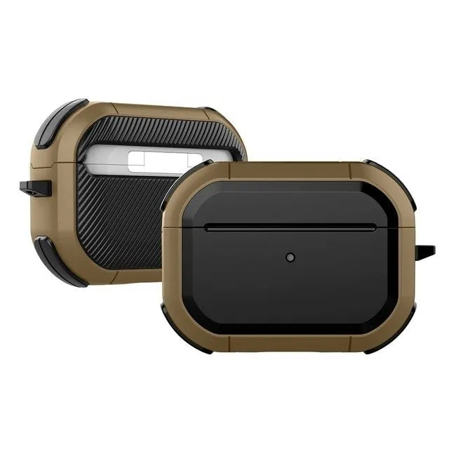 Black TPU and PC protective shell case fitted on a white Apple AirPods Pro charging case.