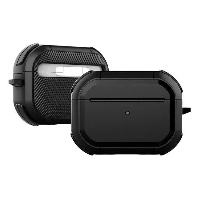 Black TPU and PC protective shell case fitted on a white Apple AirPods Pro charging case.