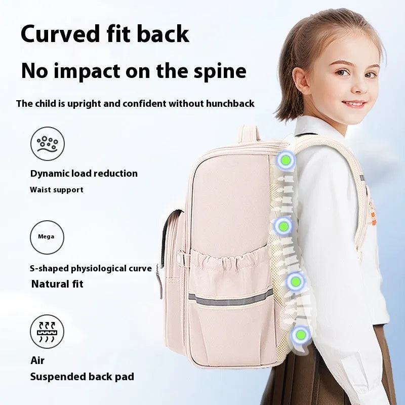 Lightweight large capacity student schoolbag made of Oxford cloth in navy blue, royal blue, pink, green, and beige for Grade 5-6.