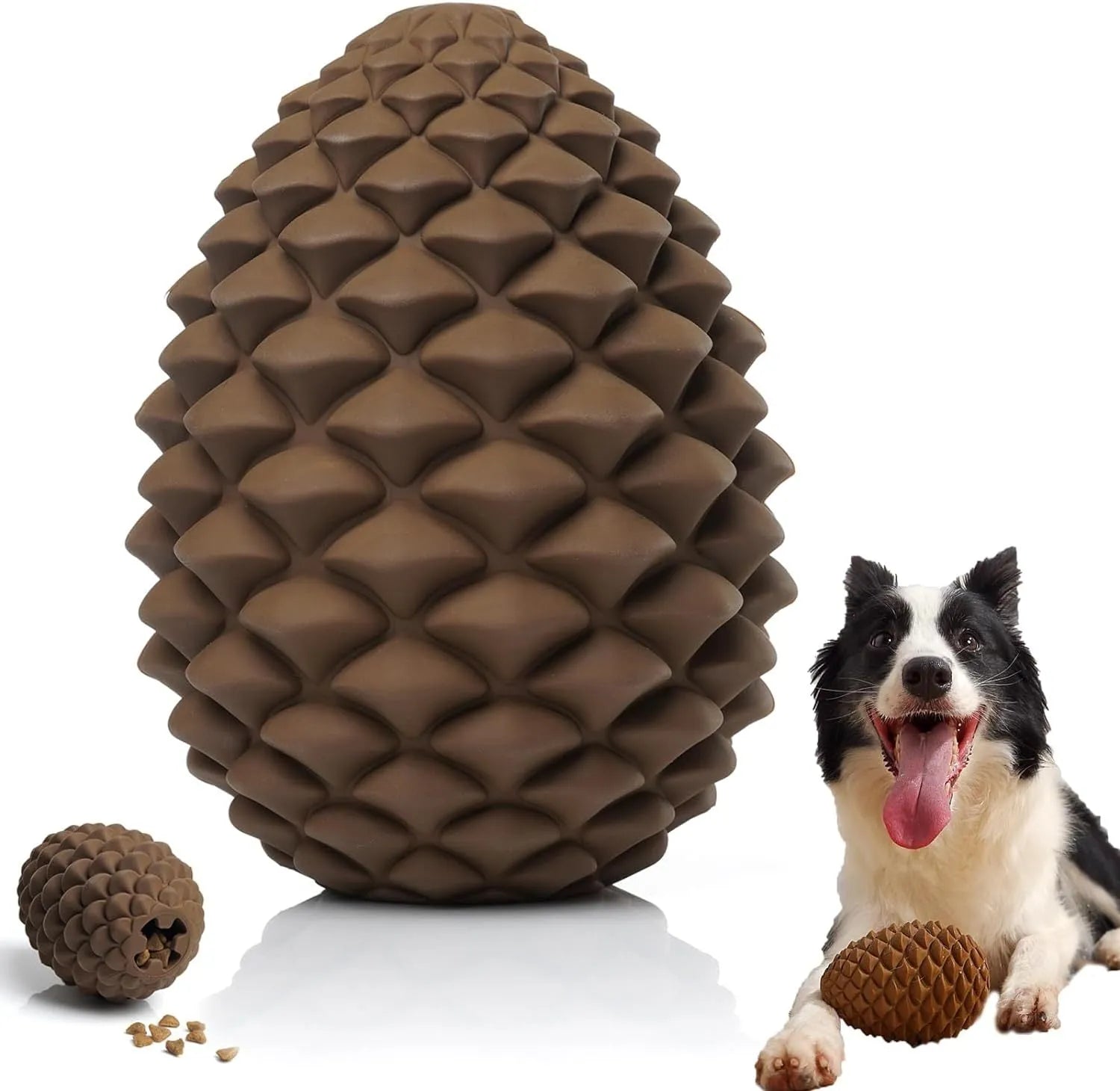 Yellow pine cone shaped natural rubber dog chew toy with treat dispenser hole.
