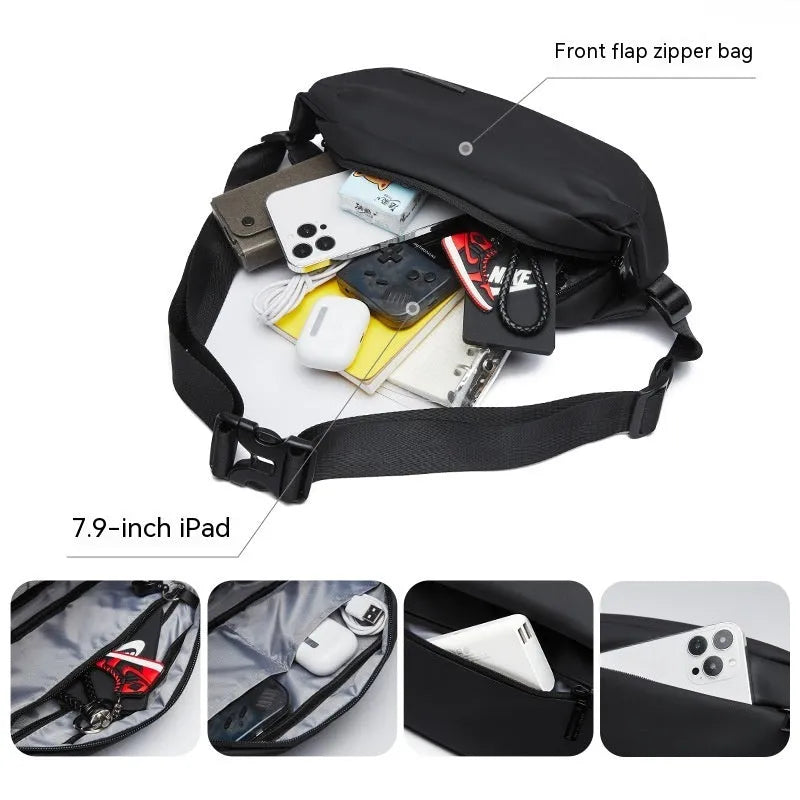 Black men's messenger bag with cross-body strap and Oxford cloth construction