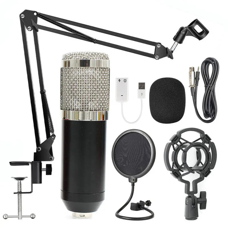 BM-800 condenser studio microphone with electroplated mesh head in choice of colours including black, silver, gold, and pink.
