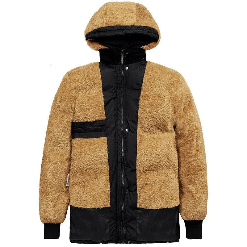 Men's black hooded double-breasted winter padded jacket with velvet lining on a size chart background