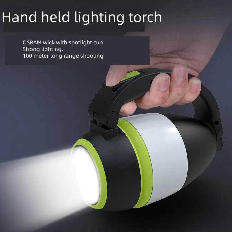Black green foldable LED lamp with USB port shown in desk, camping, and flashlight modes