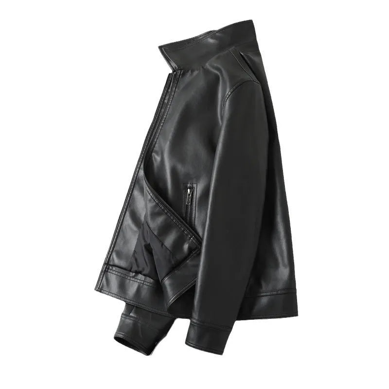 Black men's loose fit PU leather casual jacket with a zip pocket.