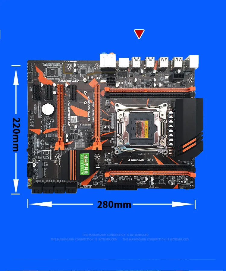 Black X99 ATX motherboard with LGA2011-3 socket, four DDR4 slots, PCIe slots, and heatsinks
