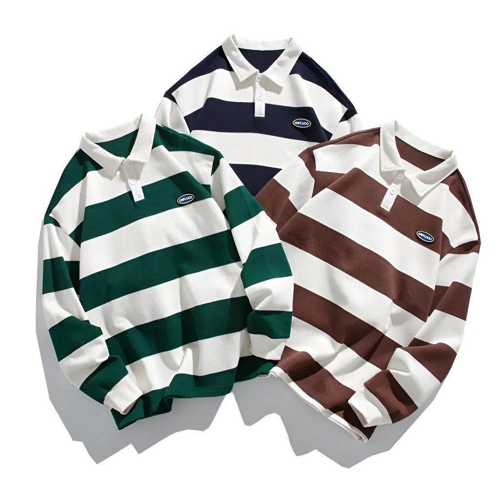 Hong Kong style lapel polo shirt in pearl cotton with stripe detailing and loose fit