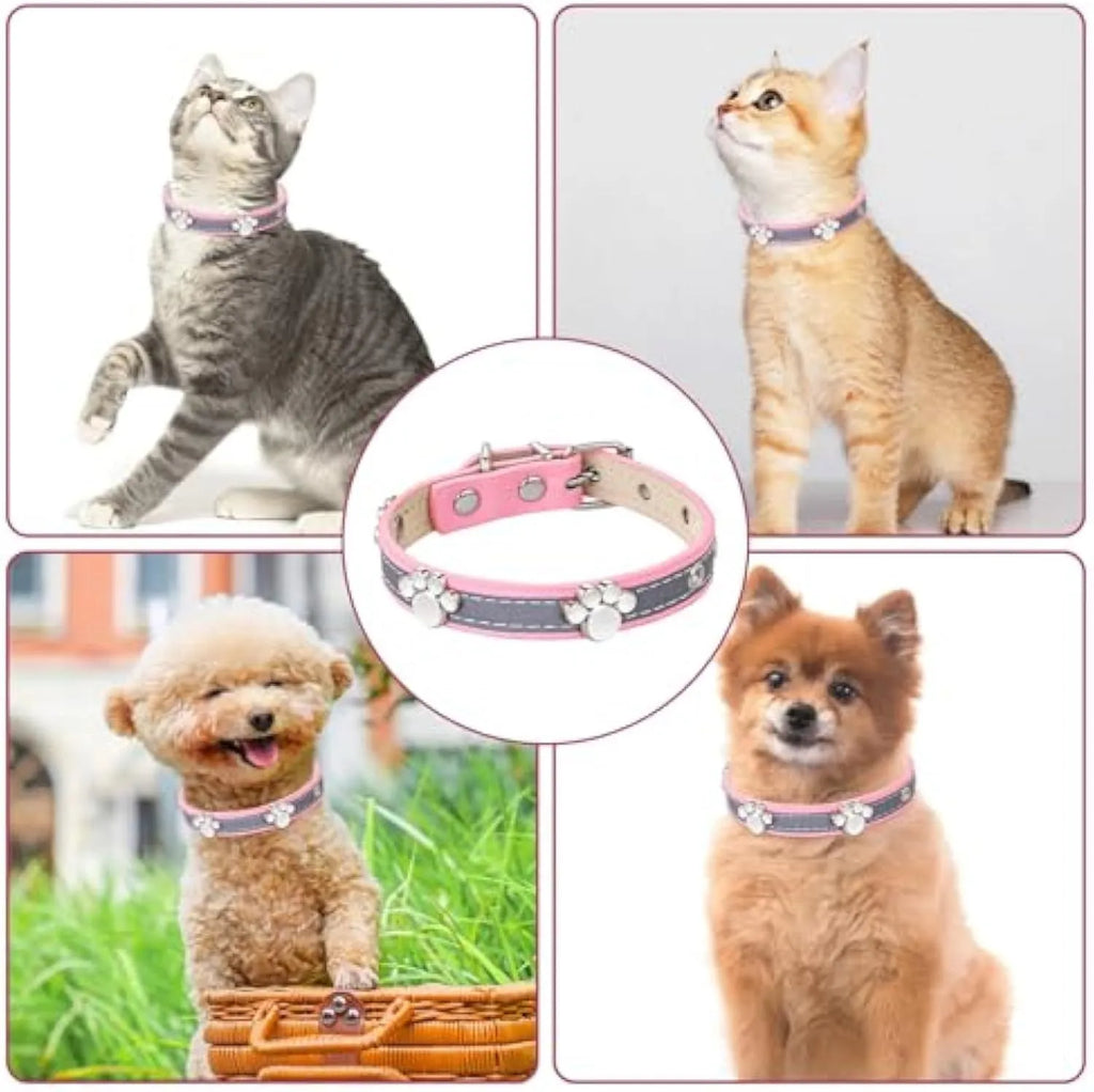 Reflective leather dog collar with paw rivet design in adjustable sizes for dogs