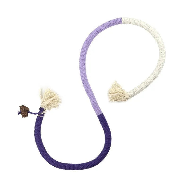 70cm long cat bite rope toy with cotton string in purple, orange, or red and green colour options