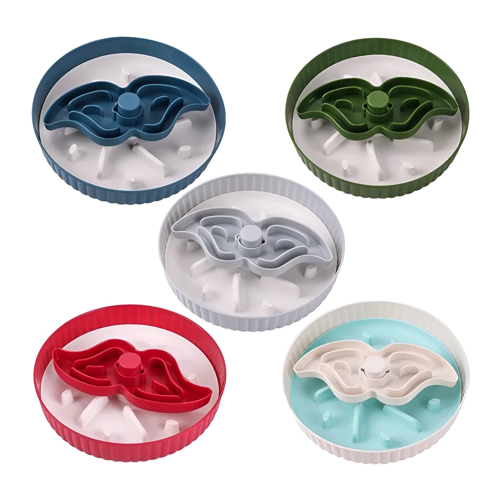 Interactive dog slow feeder bowl with rotating game board and textured silicone licking mat insert.