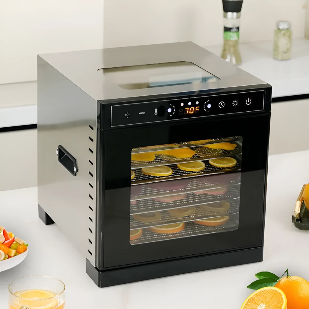 Stainless steel food dehydrator with visual skylight lid, shown with 6 stacking trays.