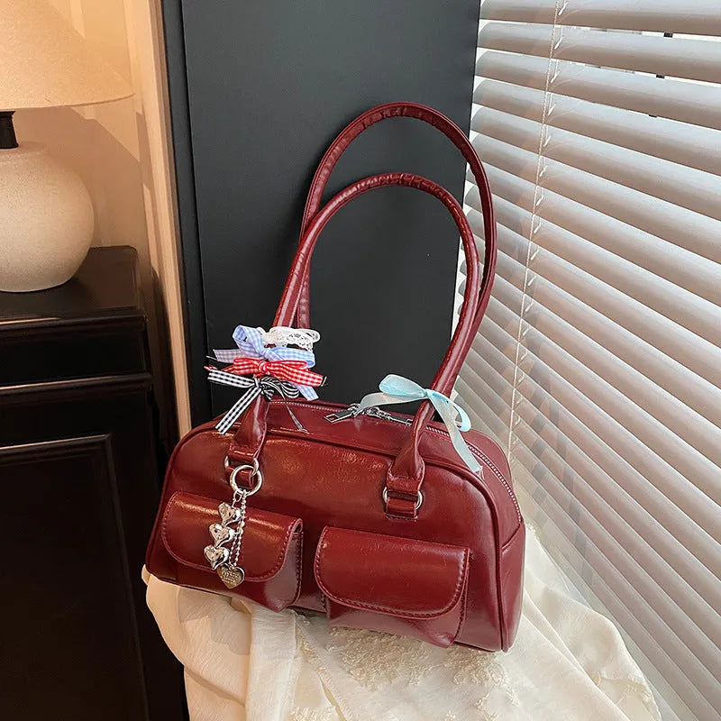 Retro PU leather women's pillow handbag with underarm design and double shoulder straps