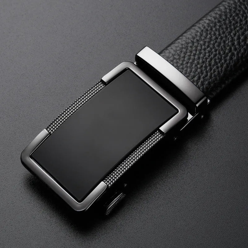Men's leather belt with automatic buckle in gun black, silver, or gold colours
