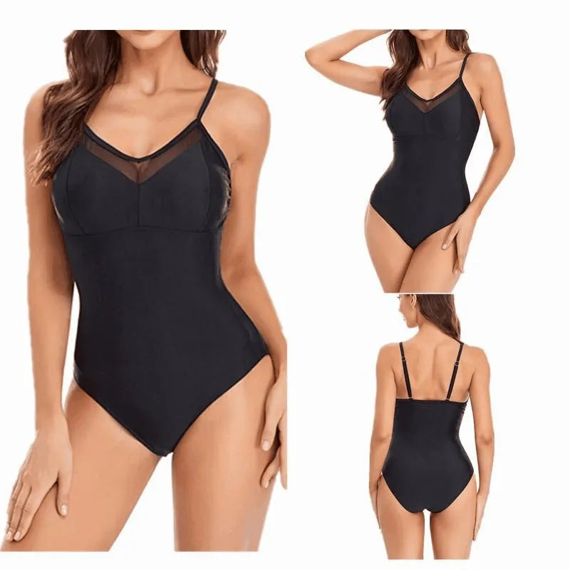 Solid colour backless one-piece swimsuit on a hanger, shown in black and blue options.