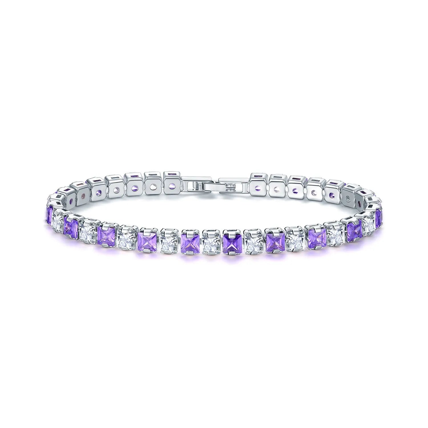 Electroplated real platinum square diamond bracelet with geometric design and gang drill elements in zircon