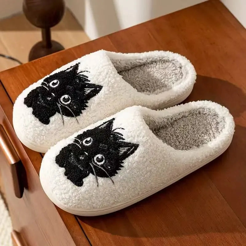 White cartoon black beard cat couple plush cotton slippers with non-slip TPR soles for indoor wear