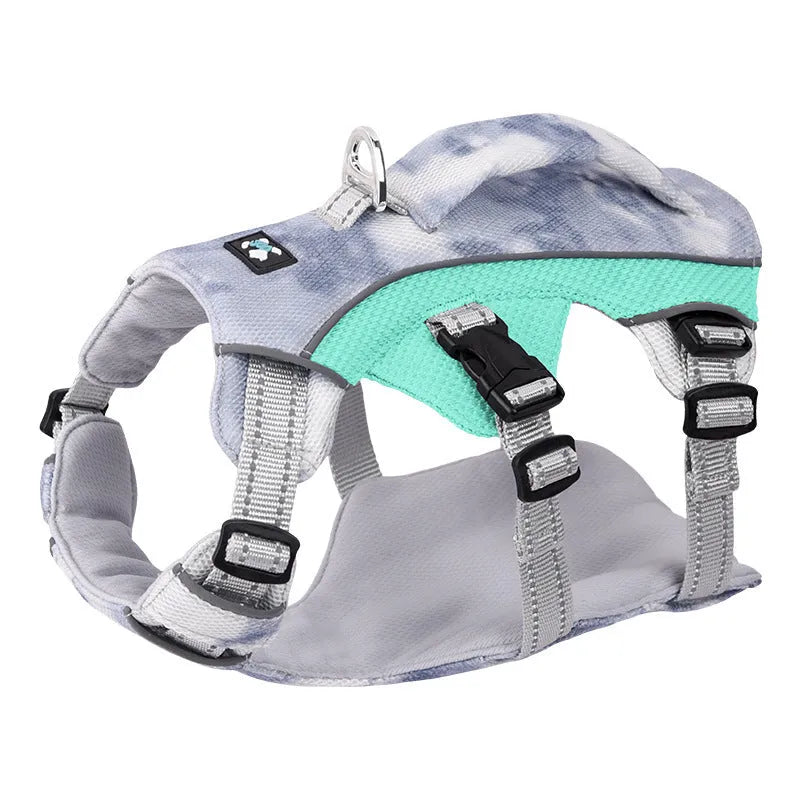 Reflective dog cooling harness chest strap in light blue colour with adjustable fittings