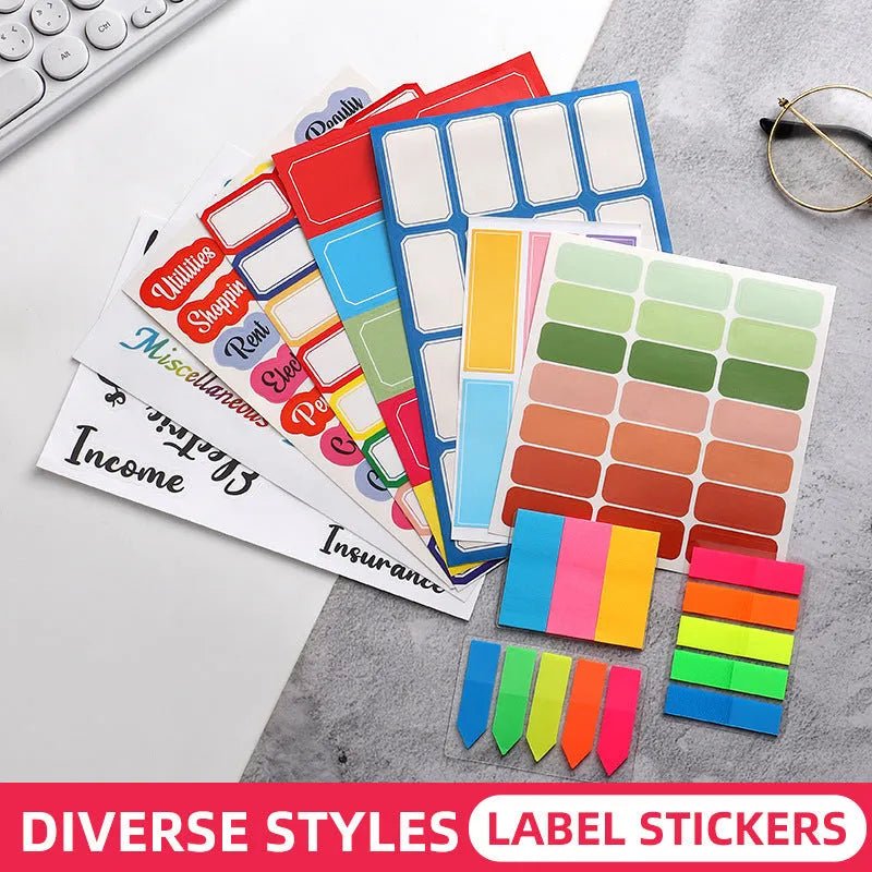 Handwritten German adhesive stickers in white colour showing grid configurations and colour sticky note options