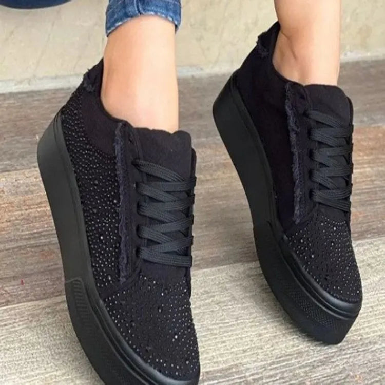 Plus size women's casual shoes with rhinestone details and lace-up front in multiple colour options