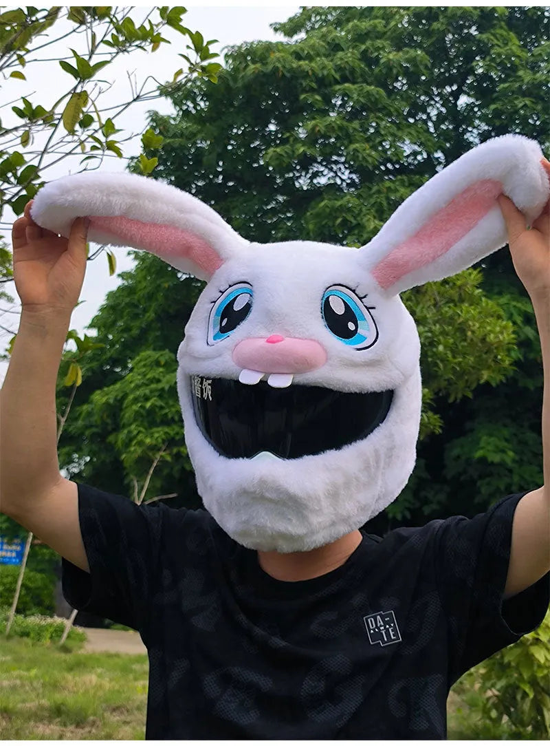 White rabbit head decorative cover with plush lining for electric motorcycle helmets