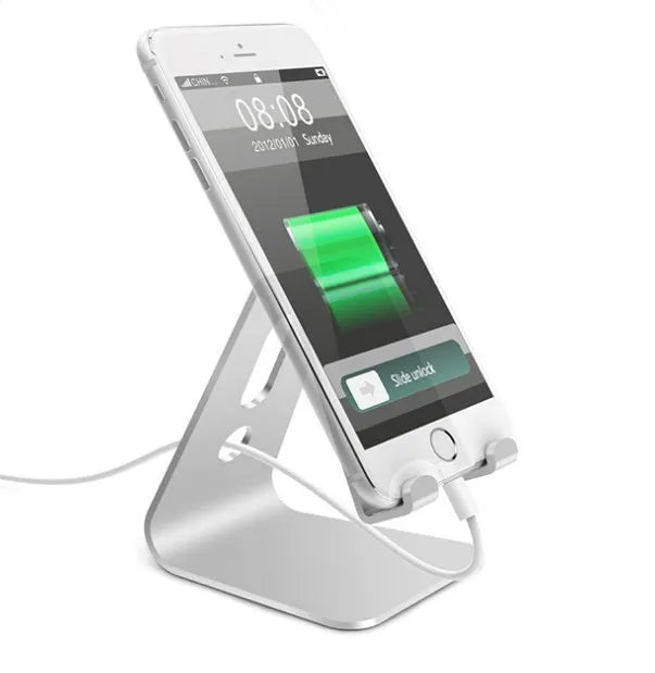 Aluminium universal stand holding a smartphone and a tablet at an adjustable angle.