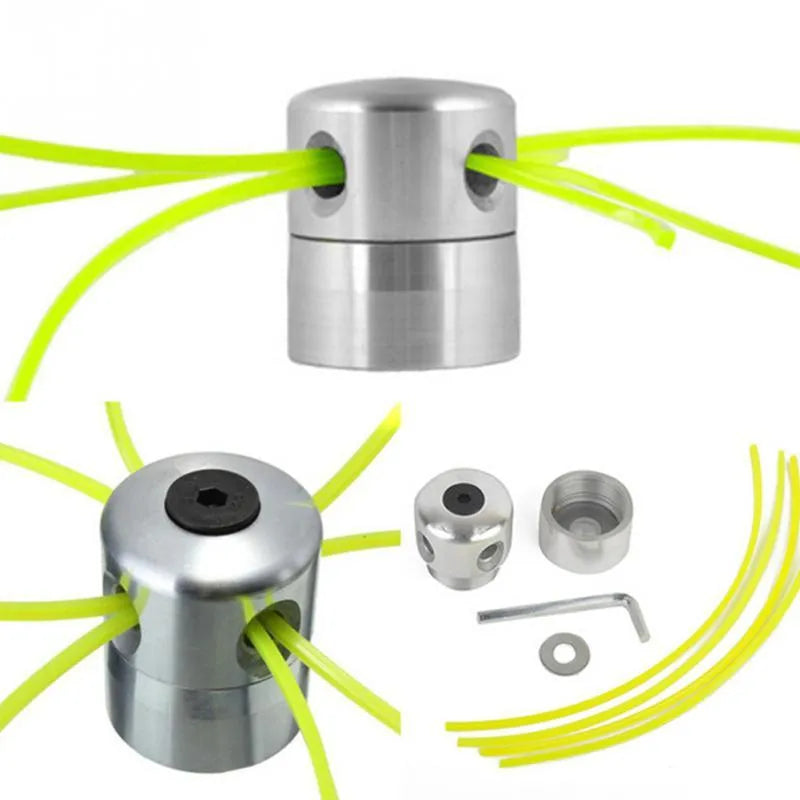 Silver aluminium Luzhu lawn mower grass head kit with four light yellow square cords and a wrench