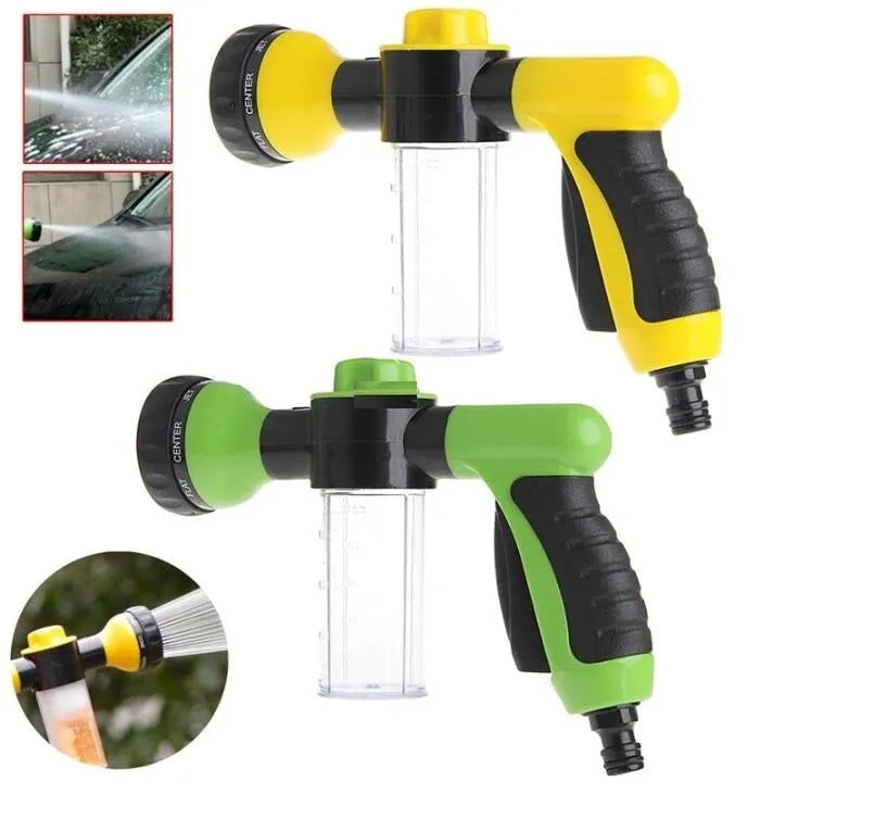 Green high pressure foam spray gun with multiple spray pattern settings and hose connection