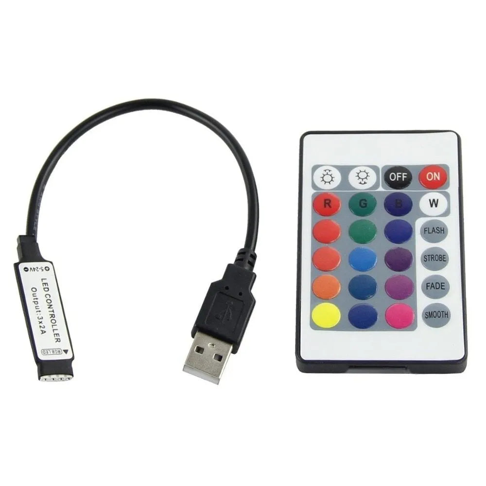 1 metre long USB-powered LED light strip showing multiple colour options including white, blue, and red LEDs.