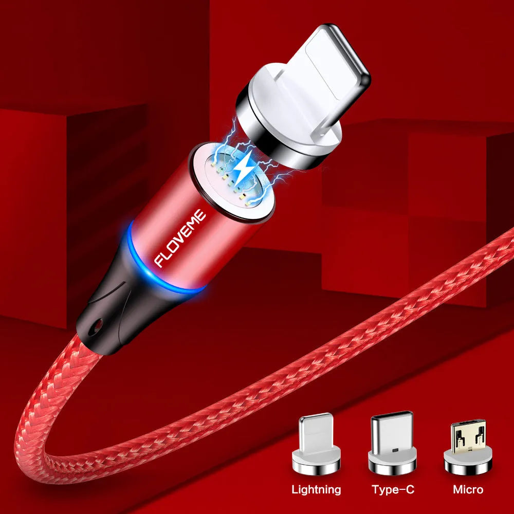3A fast charge magnetic data cable with LED light indicator in black, red, and silver colour options