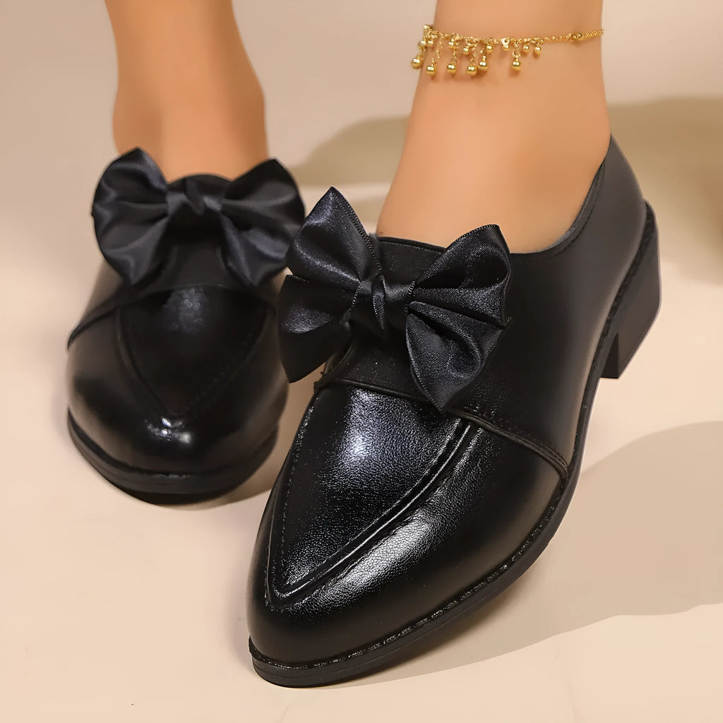 Women's simple leather-look shoes with a decorative bow on the front, showing choice of big bow or small bowknot designs.