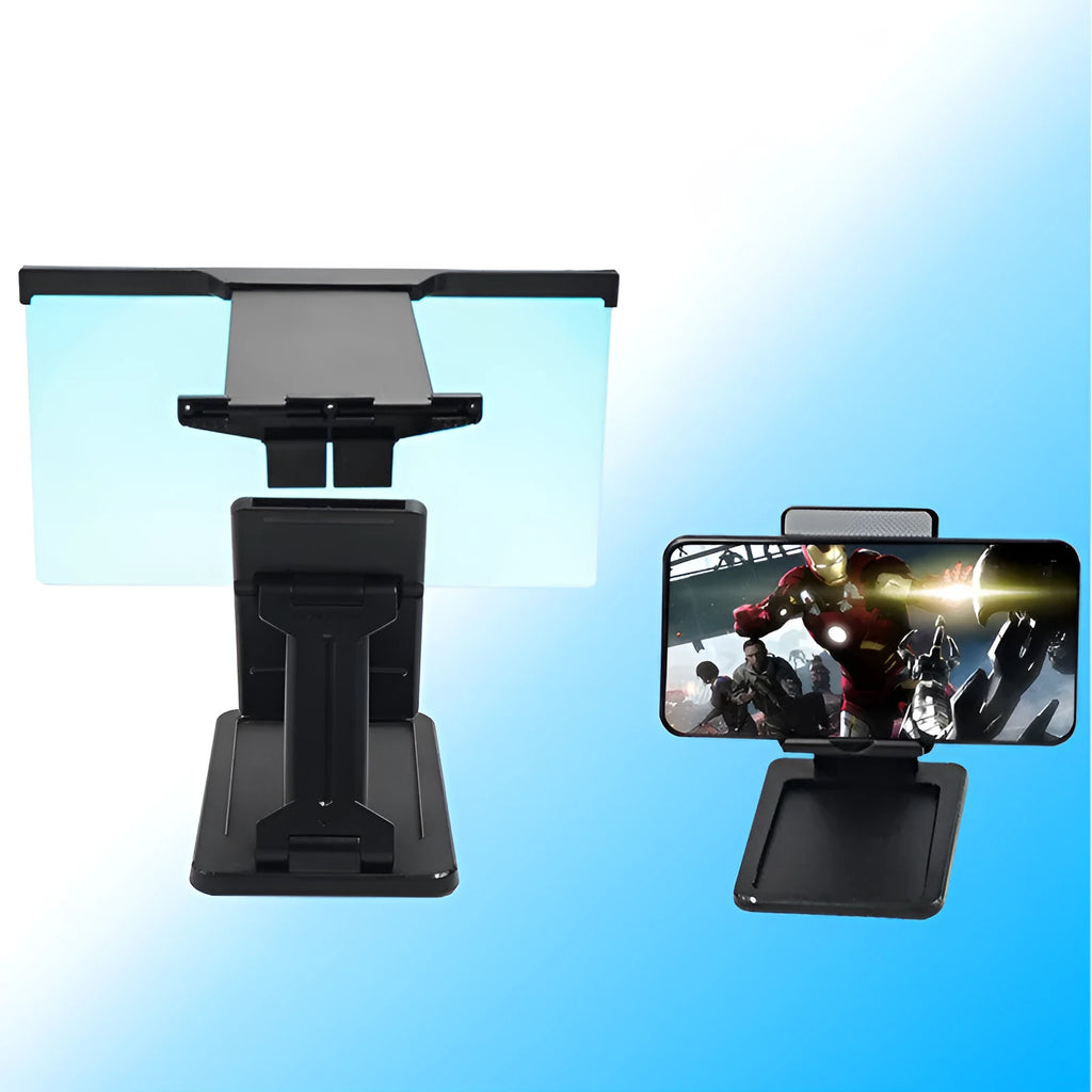 Black L20 split mobile phone screen magnifier with separate support bracket on a table.