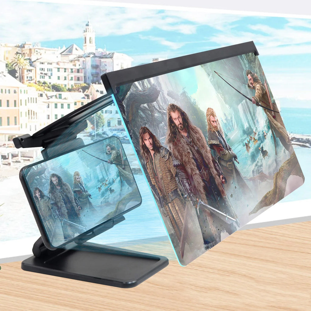 Black L20 split mobile phone screen magnifier with separate support bracket on a table.