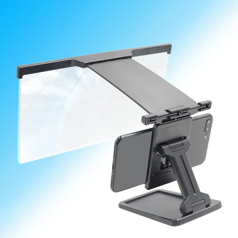Black L20 split mobile phone screen magnifier with separate support bracket on a table.