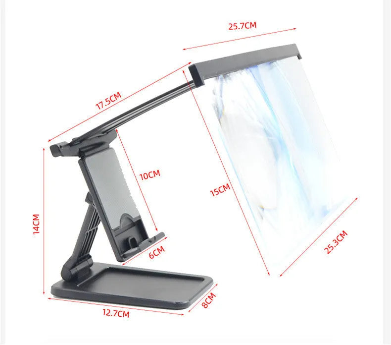 Black L20 split mobile phone screen magnifier with separate support bracket on a table.