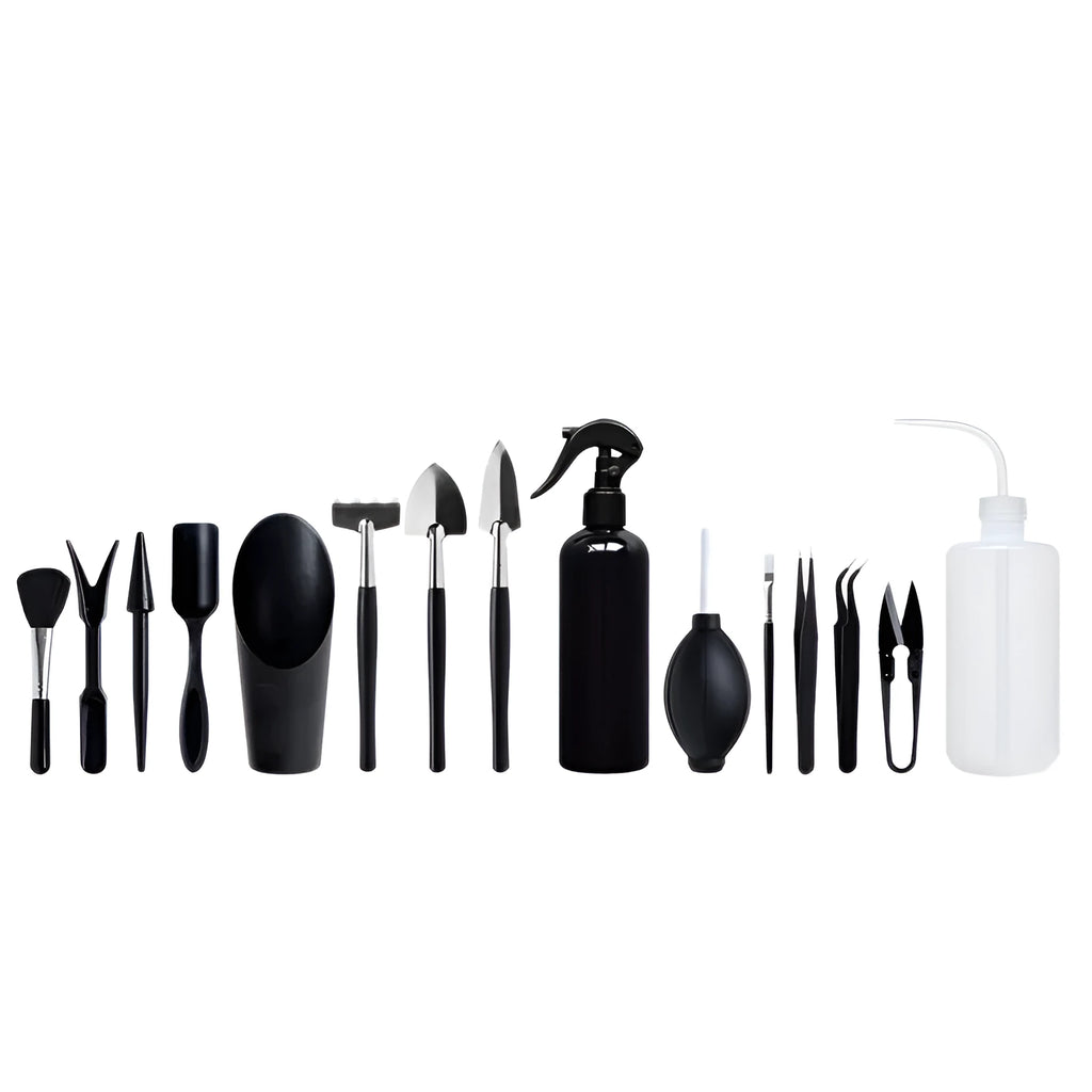 16-piece black succulent garden tool set with cushion, showing scissors, tweezers, shovels, rake, watering bottles, and air blower.